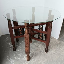 Antique Folding Moroccan Coffee/ Side Table, 19' Round Glass Top, 16' High, 1970s