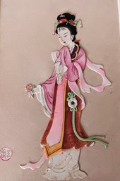 2 Vintage Oriental Traditional Lady, Rare Delicate Chinese Paper Cut-out & Hand Painted, Mat 9x 12'