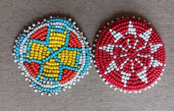 Two Native American Beaded Rosettes, 2' Leather Backed