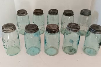 Set Of 10 Vintage Atlas Mason 1858 Patent Quart Canning Jars, Aqua W/ Zinc Lids
