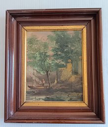 Antique Landscape Oil Painting Of Italian Lake Scene, Shadow Box Frame