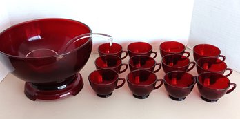 Vintage Royal Ruby Punch Bowl W/Base, Glass Ladle And 12 Cups Anchor Hocking, VG Condition