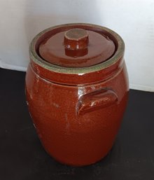 Antique Stoneware Cookie Jar, 10' W/ Lid (flake Off Lid) Brown Glaze