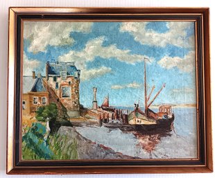 Vintage Seascape Oil Painting Fine Art Original Of Boat In Harbor, 18x 22 Inch