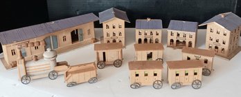 Antique German Train & Village Set, Wood W/ Metal Wheels. Needs TLC