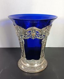 Art Nouveau Style Cobalt Blue Vase In Silver Plated Holder