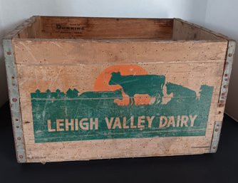 Vintage Lehigh Valley Dairy Wood Milk Crate W/Metal Straps Trim, Cows In Pasture, 1960s