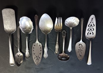 Group Of 10 Plated Serving Utensils, Mostly Rogers