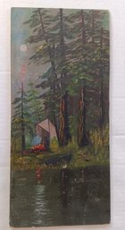 Northwest Painting On Panel, 'Fisherman In Camp', Mary Catherine Garrison 16x 7.5'