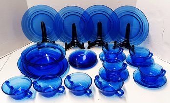 Depression Era Dish Set: Cobalt Blue 'Moderntone' Glass Ware By Hazel Atlas, 18 Pieces Serves 4