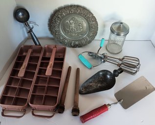 Vintage Kitchen Items, Includes Interesting Pewter High-relief Plate