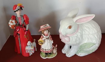 Porcelain Lot: VTG Takahashi Bunny Cookie Jar, 1997 Mrs.Albee AWARD, Basket Girlw/ Bunny