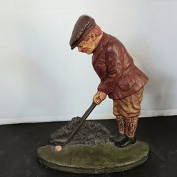 Cast Iron 'Golfer Playing Golf' Reissue Door Stop Or Book End, 8'