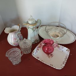 Porcelain Lot: Chocolate Pot, Farber Basket, Fenton 'Polka Dot' Creamer, Wexford Cream/Sugr, Chantilly Pitcher