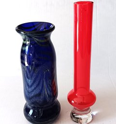 2 Vintage Vases: Pulled Feather Art Glass Vase & Waterford Crystal Marquis Red Bud Vase