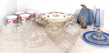 Glass Lot: Tiffin Style Blue, French Style Square Bowls, Pattern Glass, Tawianese Tea, Oval Veggie Czech