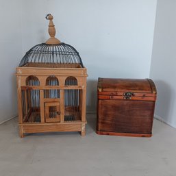 Decorative Wood And Wire Birdcage & Storage Box W/ Hinged Dome Lid