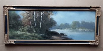 Antique Pastel Painting, Landscape & River Scene In Period Arts & Crafts Frame, 12x 31'