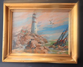 Retro Paint-by-numbers, Light House And Shipwreck, Antique Gilt Frame 16x 20'