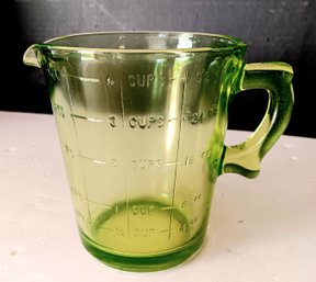 Green Depression Glass Pitcher, Calibrated Quart Size, Green Uranium Glass