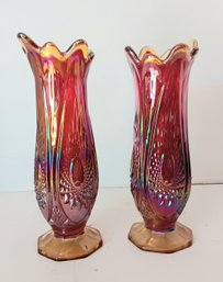 Vintage Indiana Iridescent Carnival Glass Vases, Matched Pair