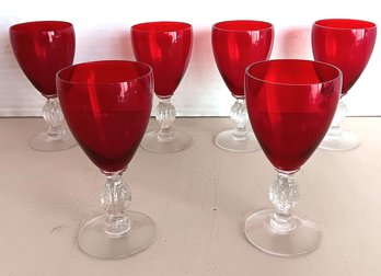 Set Of 6 Ruby Red Wine Stem Glasses,  Size  6'