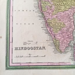 Antique 1846 Rare Original Hand Colored Map By H.L.Tanner, Hindoostan, 14x 17.5'
