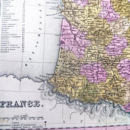 Antique FRANCE, 1846 Rare Original 150 YO Map With Hand Coloring By H.L.Tanner, Size: 14x 17.5'