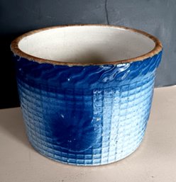 Vintage Blue & Cream (Yellow Ware) DAISY & WAFFLE WEAVE Butter Crock Stoneware