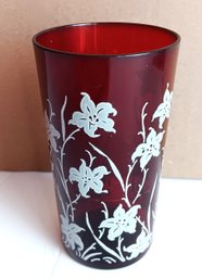 Set Of 8 ANCHOR HOCKING Ruby Red W/ White Flowers MCM 10 Oz Tumblers, Original Red Wire Caddy