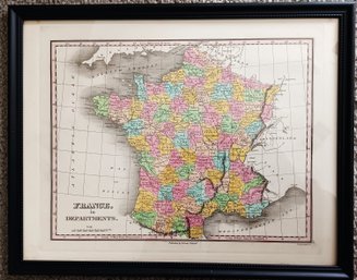 France: Original 1833 Antique Map, High Quality Hand Coloring, A. Finley Philadelphia, Framed 11.5x 14.5'