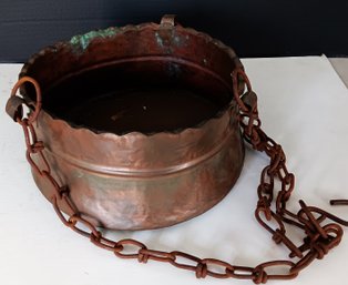 Antique Hand-made Copper Pot With Hanging Chains, 9.5'D By 5'H