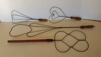4 Vintage Wire Rug Beaters, Heart Design & Others,  Twisted Wire, Wood Handle
