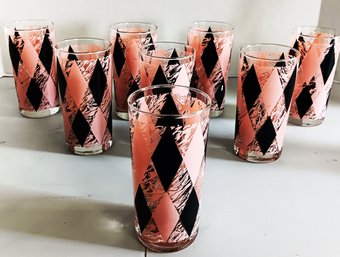 Hazel Atlas Water Tumbler Glasses Pink Black Argyle Diamond MCM Vintage Set 8