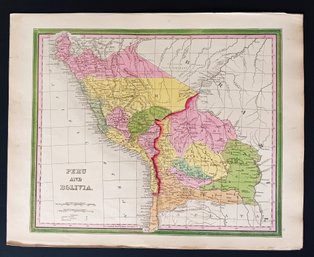 Antique 1846 Rare Original Hand Colored Map By H.L.Tanner, Peru & Bolivia, 14x 17.5'