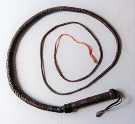 Vintage Bull Whip, 9 Foot Leather Hide, Tape Applied To Handle