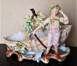 Occupied Japan Porcelain Planter, Boy & Boat Theme