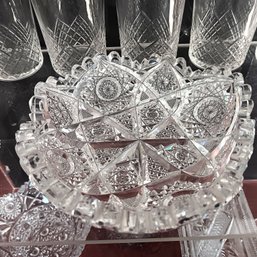 Lot Of 12 Antique Cut Glass: 2 Cruets W/ Pontil Marks, Nappy, 6 Tumblers, Bowl, Covered Box, Spooner, No Chips