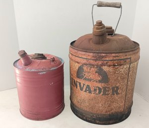 Vintage 1930s INVADER Oil Gas Can & Red Painted Can,  Wood Handle,