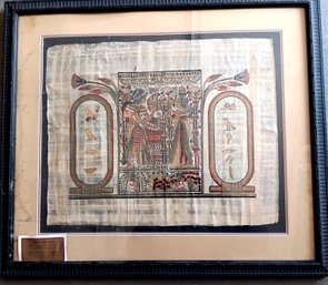 Vintage Egyptian Art 'King Tut & Wife', Hand Painted On Papyrus, Artist Signed, Framed 23.5 By 20.5 Inch