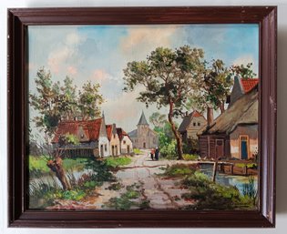 Vintage Artist Signed Painting 'Road Through European Village'