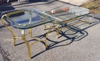 Vintage Coffee & End Table Set, Brass / Glass Tops, 22x 26' & 53x 26'