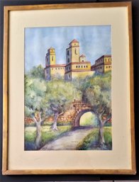 Vintage Watercolor Painting - View From The Park,  E. Hathaway,  Framed 20.5 By