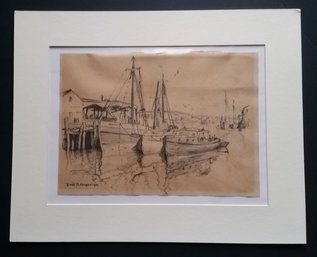 Vintage 1940s Marine Lithograph Sketch, Signed Emile A. Gruppe Boats In Harbor Mat 16x 20'