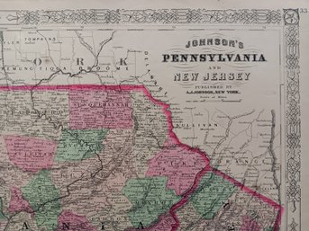 Antique 1864 Wall Map, Pennsylvania & New Jersey, Cartographer A.J. Johnson 26.5x 18 Inch