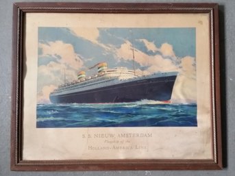 Vintage 1940-50s Travel Color Print, S.S. Nieuw Amsterdam,  Flagship Holland-America Line Frame - 25 X 31'