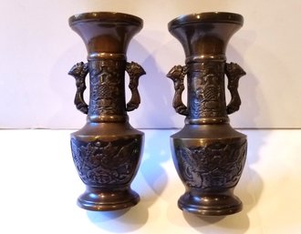 Antique, 1900, Japanese Bronze Buddhist Shrine Vases,  Phoenix Handles & Panels, 5.5 Inch