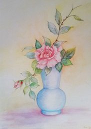 Vintage Water Color Vase With Rose, Artist Signed Ann Van Valen, Framed