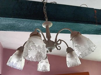 Antique 5 Light Ceiling Fixture, Decorated Glass Globes, Working