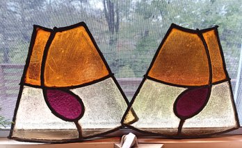 Pair Antique Stained Glass Window Sections, For Display Or Arts/ Crafts 10 Inch